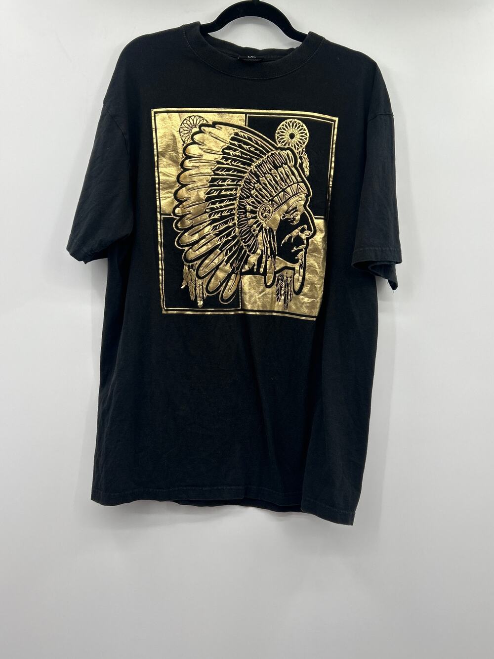 Flying Horse Graphic T-Shirt Mens 2XL Black Gold Native Headdress Print Cotton